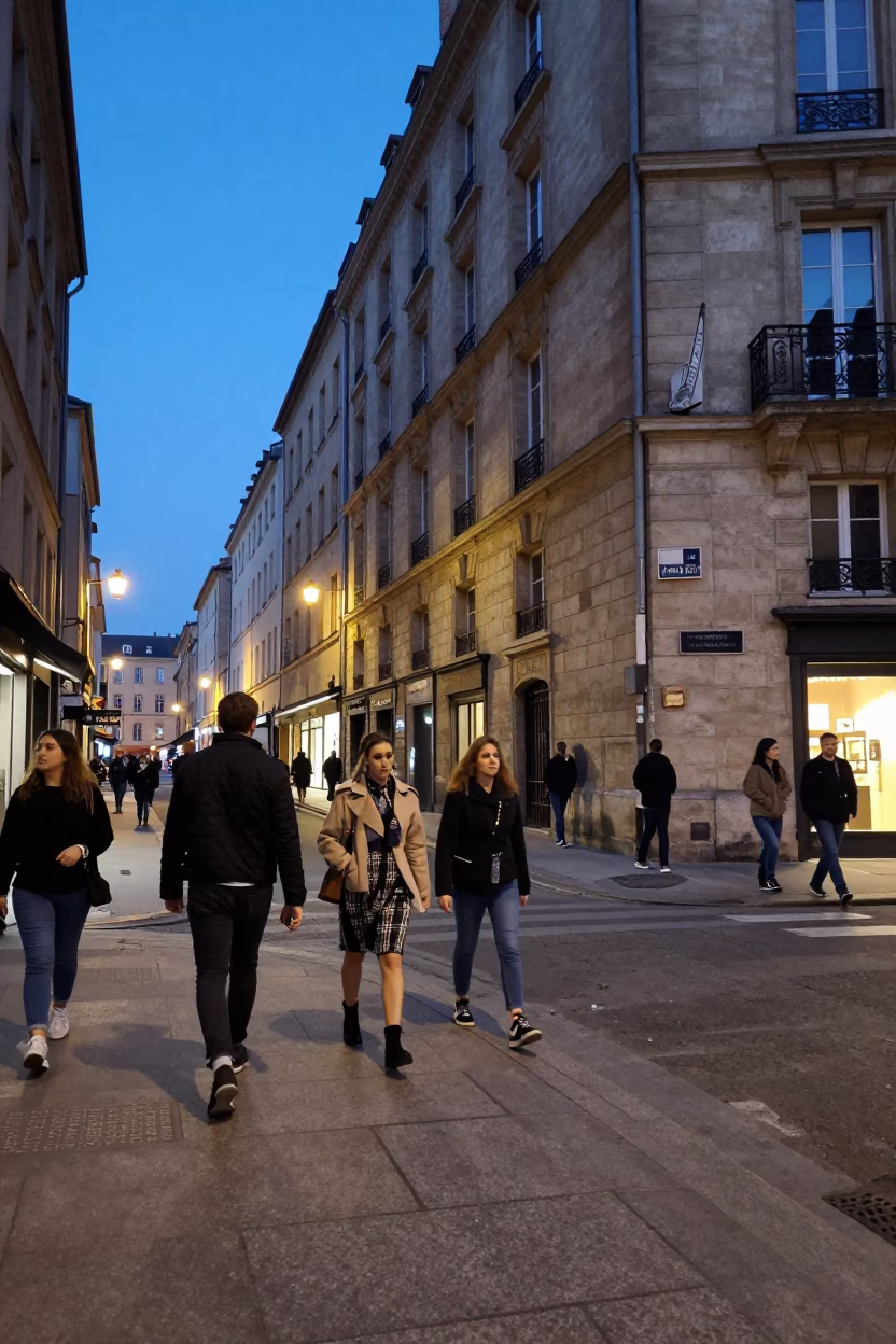 Twilight Street Scene in Lyon France with Fashionable Pedestrians and Urban Architecture in in Lyon, France