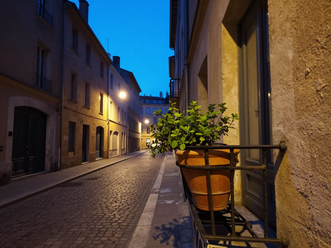Twilight Street Scene in Lyon France with Flowerpot and Building Details in in Lyon, France