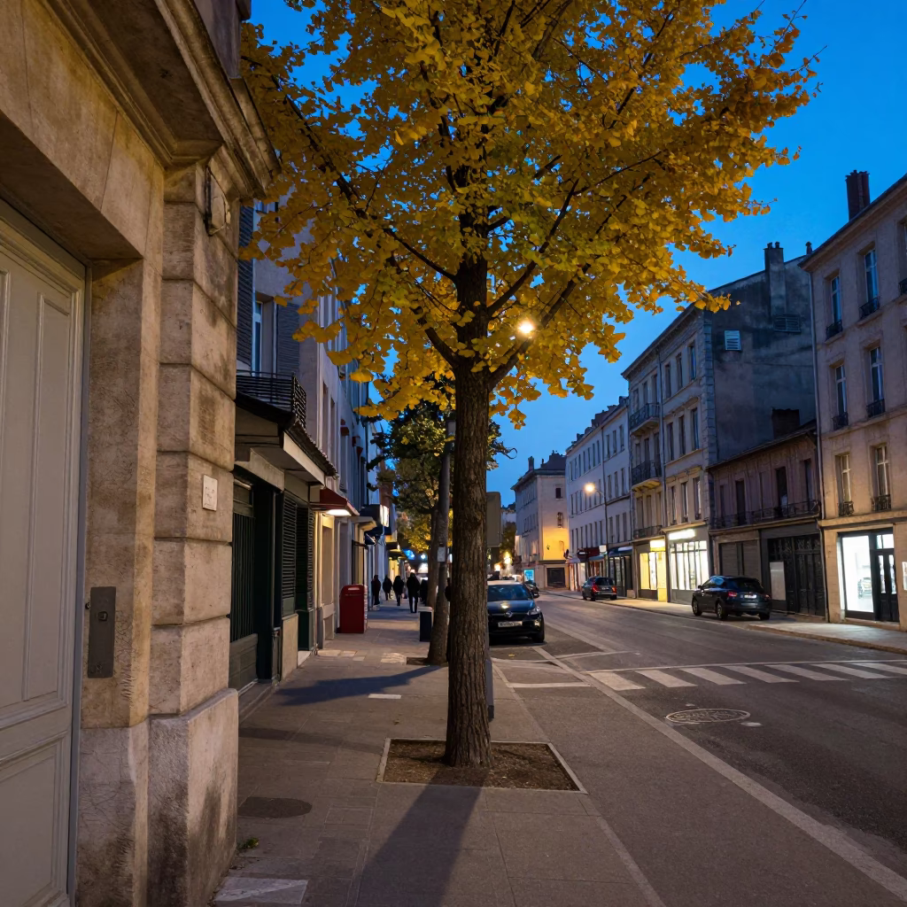 Twilight Street Scene in Lyon France with Ginkgo Tree and Urban Details in in Lyon, France