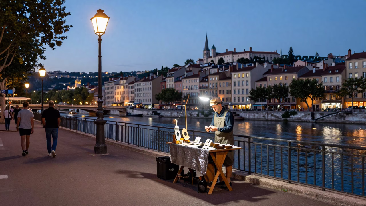 Twilight Street Scene in Lyon France with Hammered Metal and Local Life in in Lyon, France