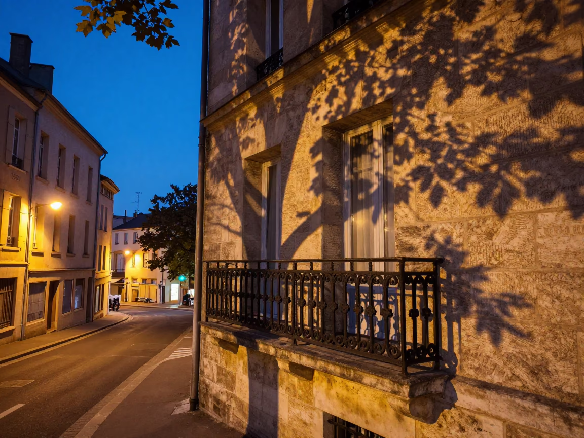 Twilight Street Scene in Lyon France with Leaf Shadows and Enamel Pitcher on Balcony in in Lyon, France