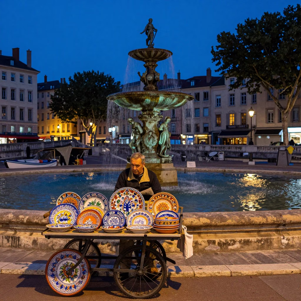 Twilight Street Scene in Lyon France with Majolica Plates and River View in in Lyon, France