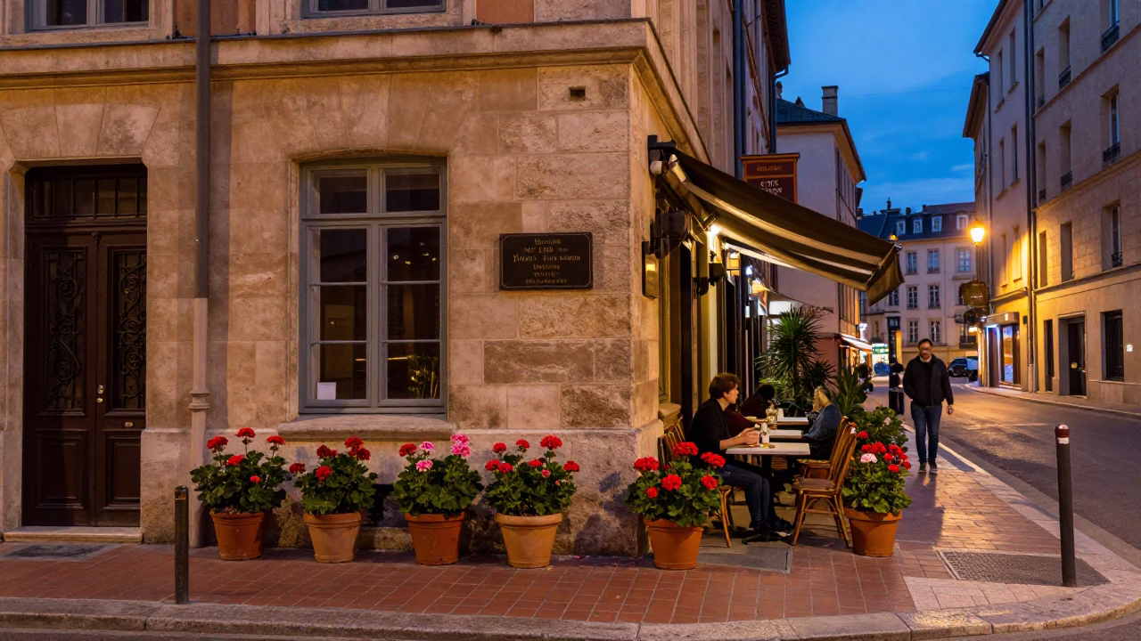 Twilight Street Scene in Lyon France with Potted Geraniums and Traditional Architecture in in Lyon, France