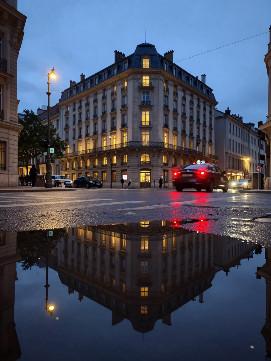 Twilight Street Scene in Lyon France with Puddle Reflections and Urban Life in in Lyon, France
