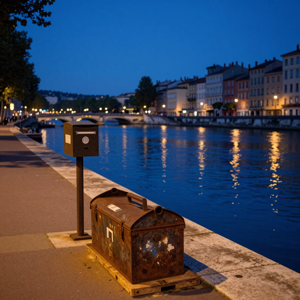 Twilight Street Scene in Lyon France with Rusty Toolbox and Mail Boat in in Lyon, France