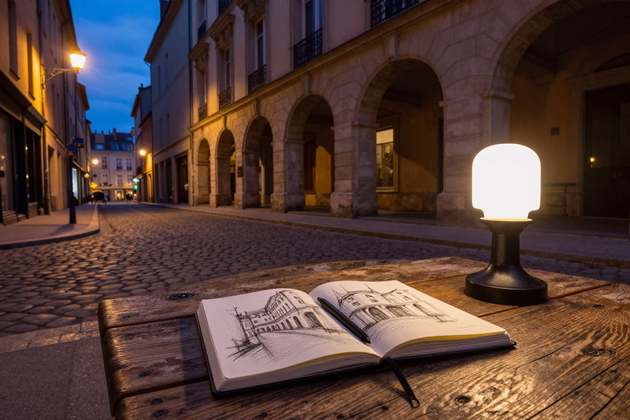Twilight Street Scene in Lyon France with Sketchbook and Lamp Base Detail in in Lyon, France