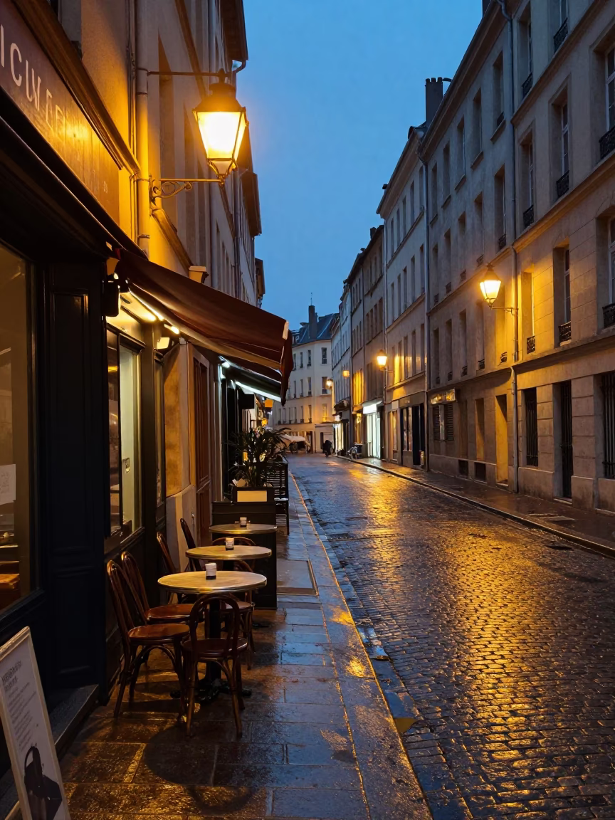Twilight Street Scene in Lyon France with Stacked Plates on Bistro Table in in Lyon, France