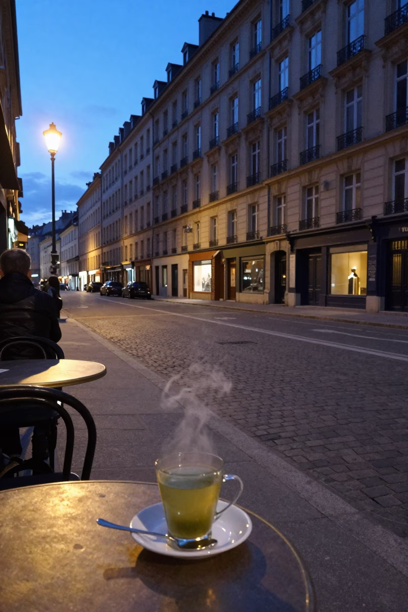 Twilight Street Scene in Lyon France with Steaming Genmaicha Tea and Vintage Majolica Plate in in Lyon, France