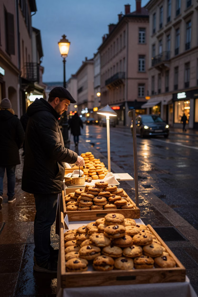 Twilight Street Scene in Lyon France with Traditional Pastries and Urban Ambiance in in Lyon, France