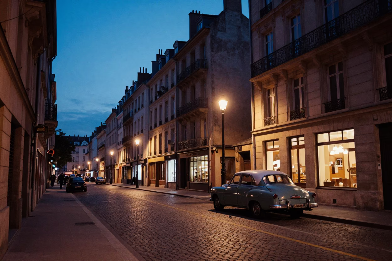 Twilight Street Scene in Lyon France with Vintage 1950s Aesthetic and Local Architecture in in Lyon, France