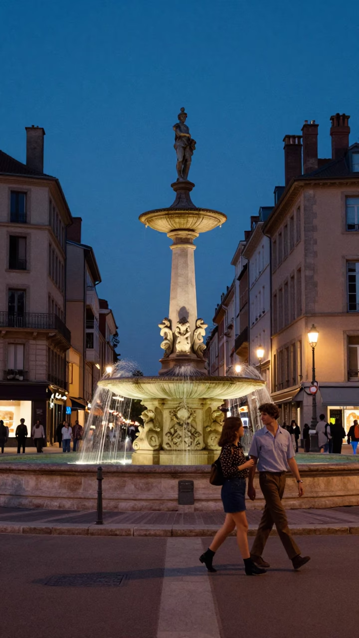 Twilight Street Scene in Lyon France with Vintage 1980s Aesthetic and Urban Details in in Lyon, France