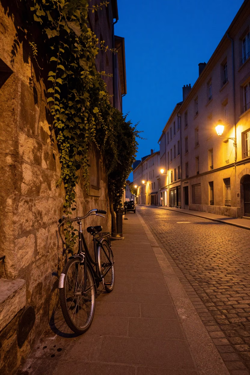 Twilight Street Scene in Lyon France with Vintage Details and Urban Ambiance in in Lyon, France