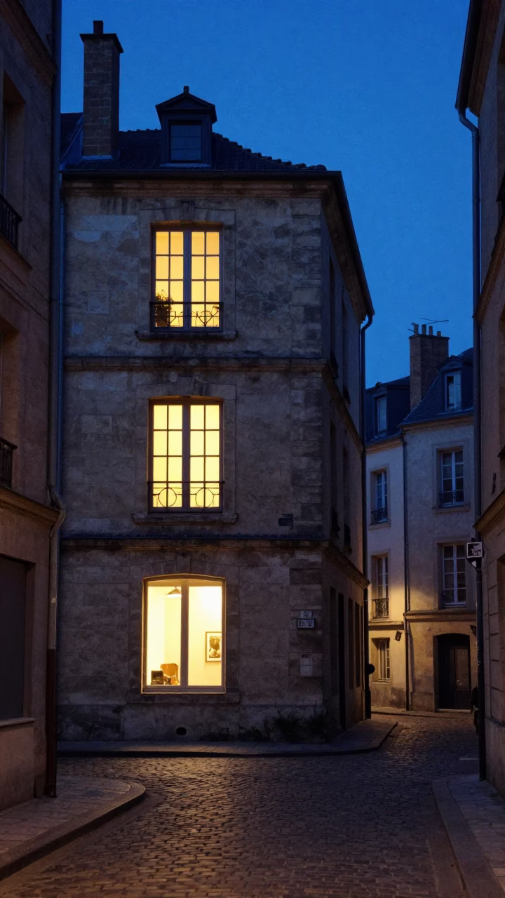 Twilight Street Scene in Lyon France with Window Light and Spindle Chair in in Lyon, France