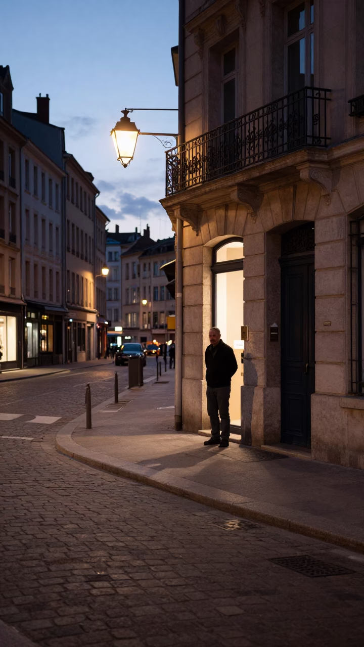Twilight Street Scene in Lyon France with Worker and Urban Details in in Lyon, France