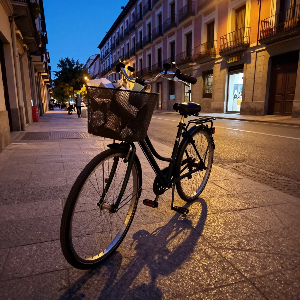 Twilight street scene in Madrid Spain with bicycle basket and urban details in in Madrid, Spain
