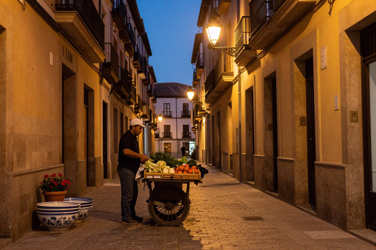 Twilight Street Scene in Madrid Spain with Ceramic Bowl and Flowerpot in in Madrid, Spain