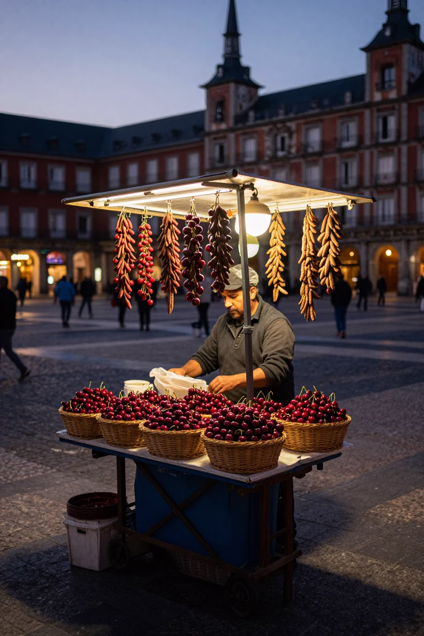 Twilight Street Scene in Madrid Spain with Cherry Vendor and Tamarind Tree in in Madrid, Spain