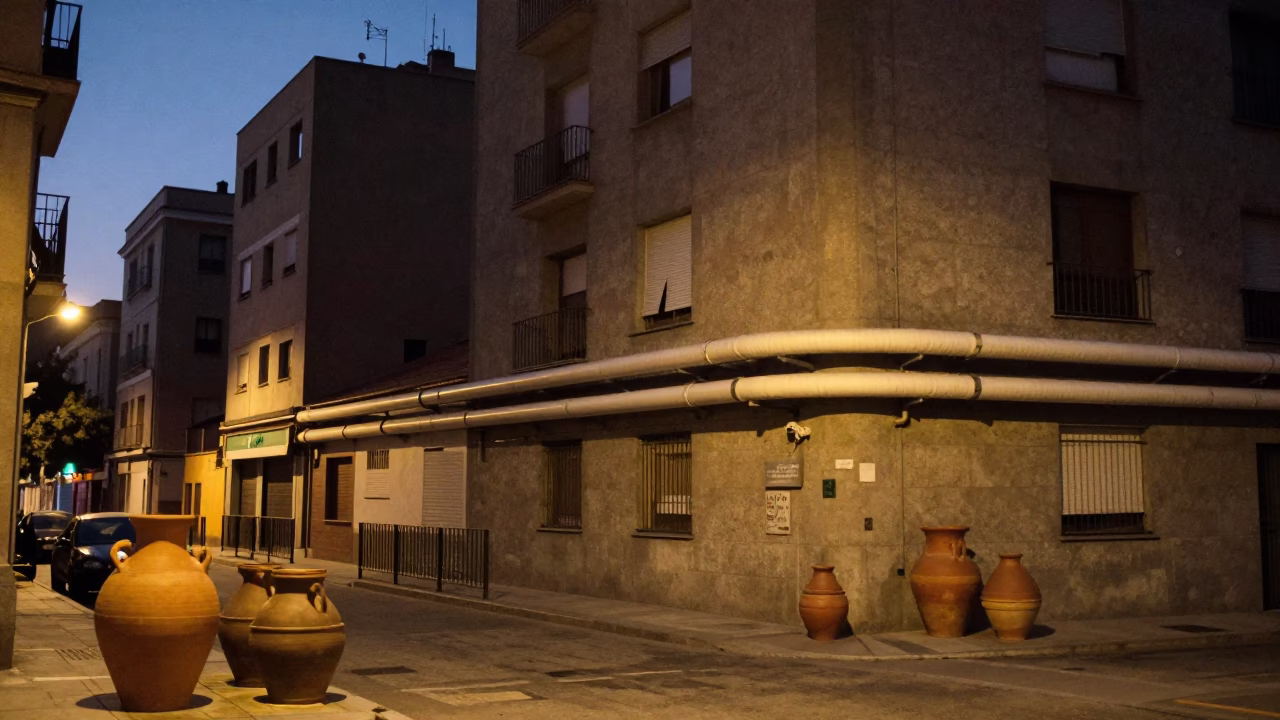 Twilight Street Scene in Madrid Spain With Clay Pots and District Heating Pipes in in Madrid, Spain