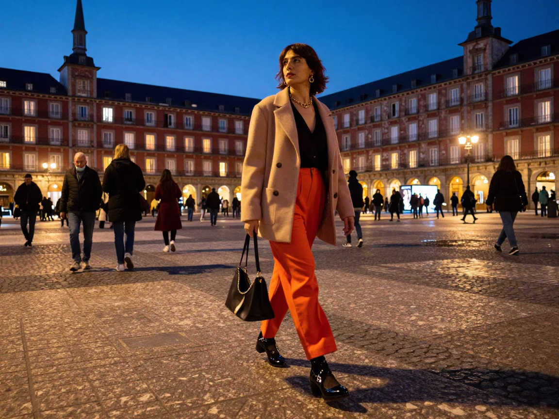 Twilight Street Scene in Madrid Spain with Colorful Fashion and Local Elements in in Madrid, Spain