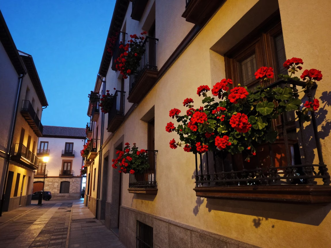 Twilight street scene in Madrid Spain with geraniums and local architecture in in Madrid, Spain