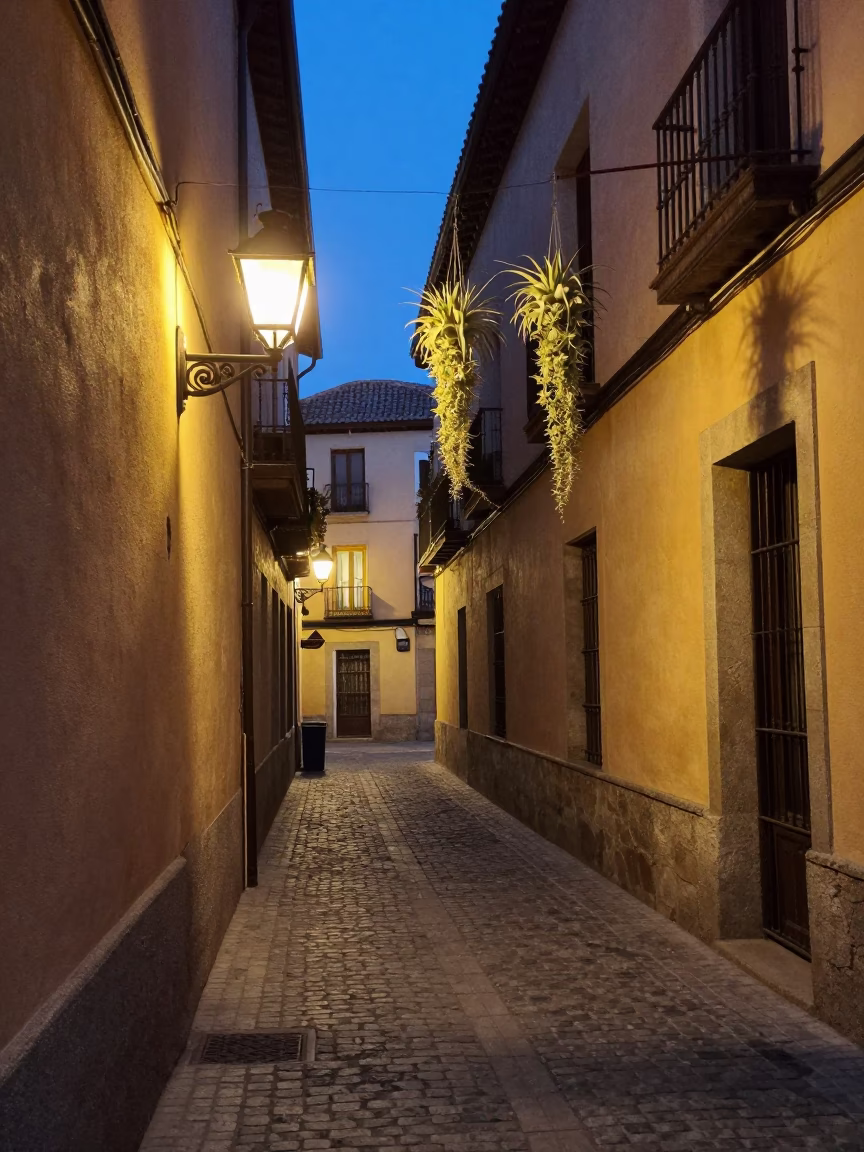 Twilight Street Scene in Madrid Spain with Hanging Air Plant and Wall Sconce Illumination in in Madrid, Spain
