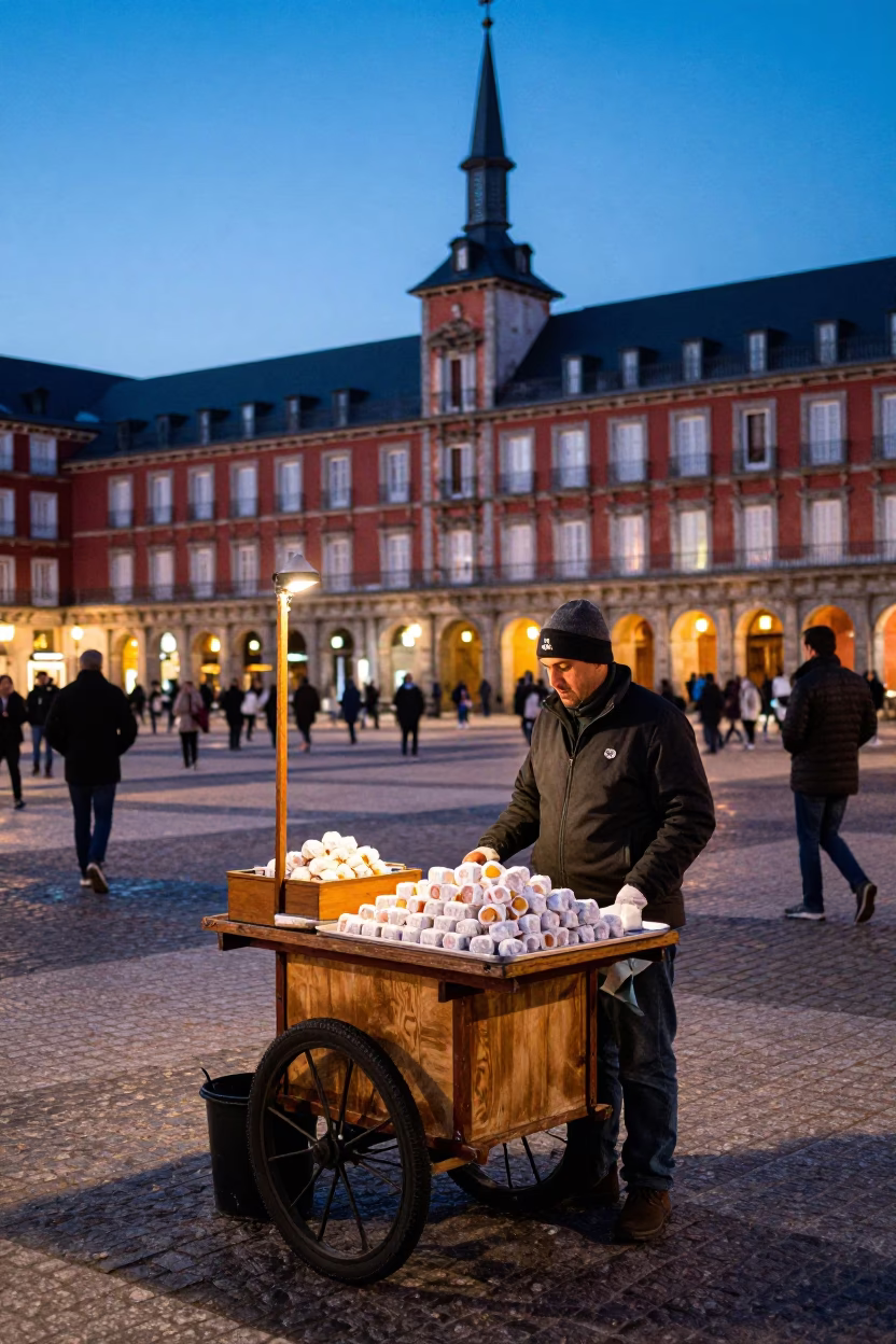 Twilight Street Scene in Madrid Spain with Honey Loukoumades and Colored Glass in in Madrid, Spain