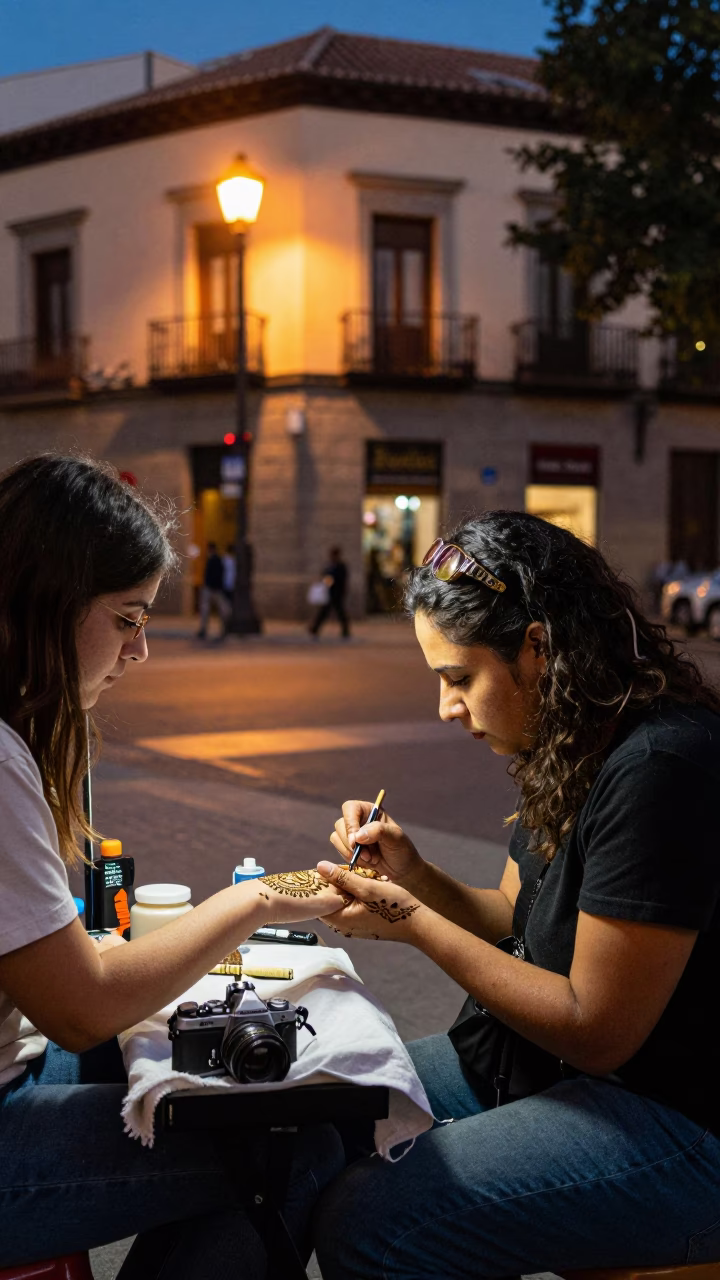 Twilight Street Scene in Madrid Spain with Local Artisan and Urban Details in in Madrid, Spain