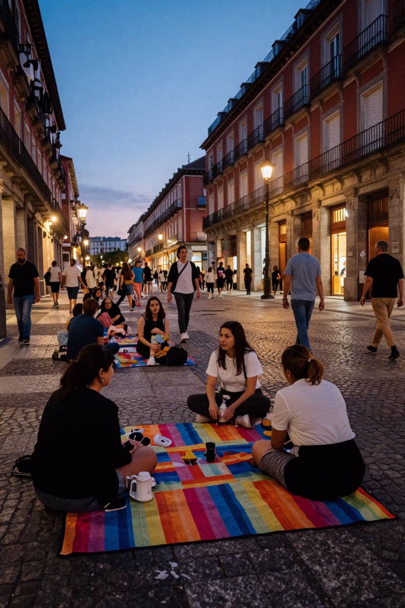 Twilight Street Scene in Madrid Spain with Picnic Blanket and Urban Activity in in Madrid, Spain