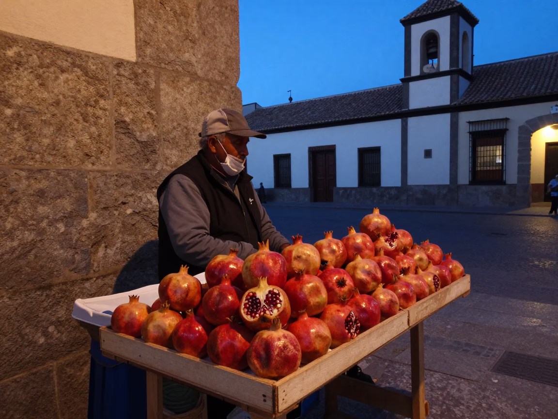 Twilight street scene in Madrid Spain with pomegranate vendor and traditional architecture in in Madrid, Spain