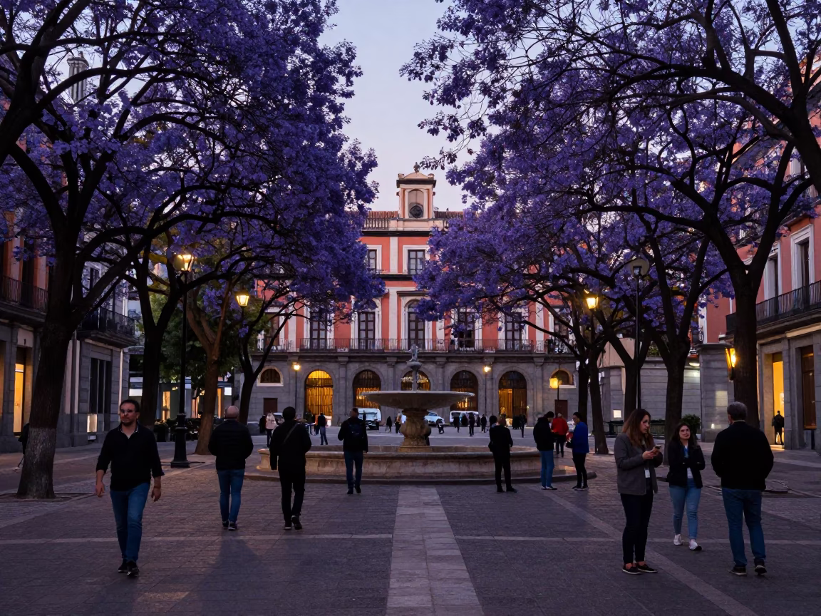 Twilight Street Scene in Madrid Spain with Purple Jacaranda Tree Blooms and Traditional Architecture in in Madrid, Spain