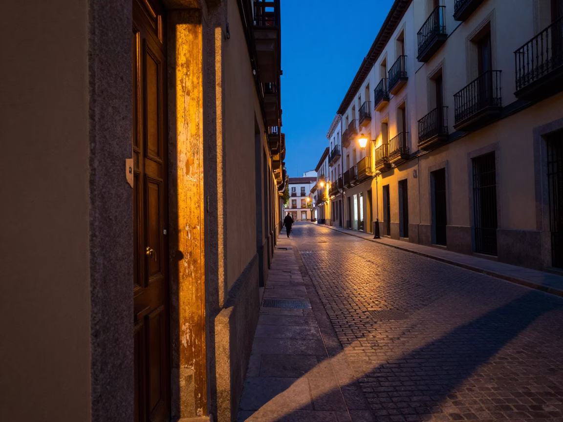 Twilight Street Scene in Madrid Spain with Sunlight Stripes and Local Seating in in Madrid, Spain