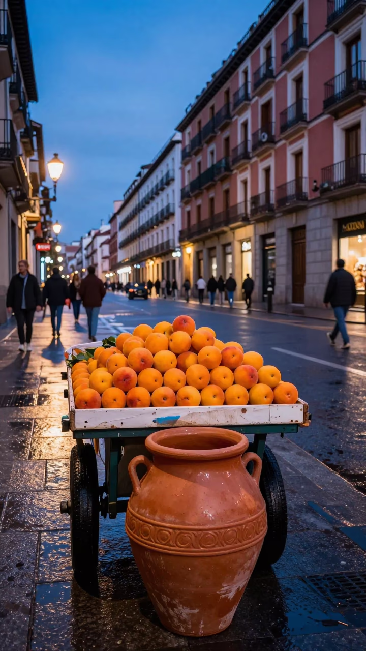 Twilight Street Scene in Madrid Spain with Terracotta Pot and Apricots in in Madrid, Spain
