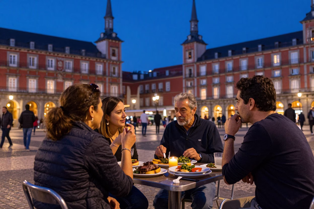 Twilight Street Scene in Madrid Spain with Traditional Tapas and Urban Ambience in in Madrid, Spain