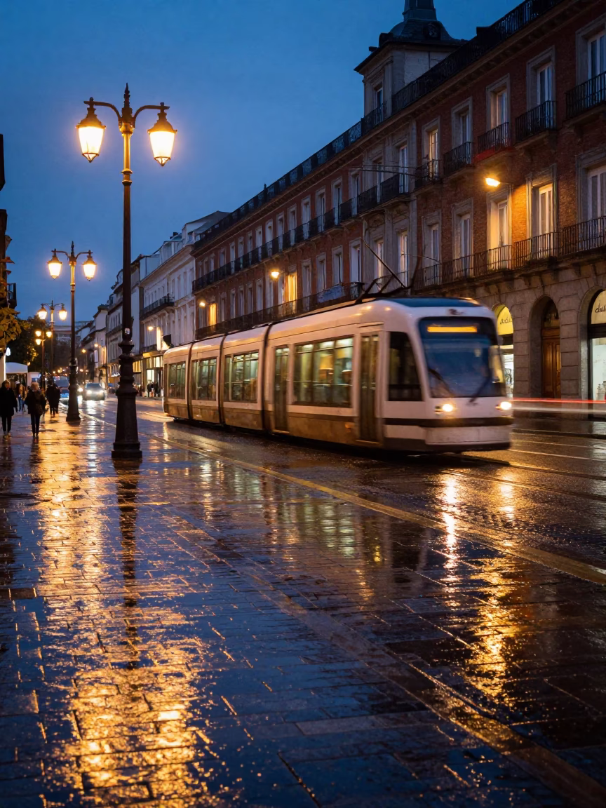 Twilight Street Scene in Madrid Spain with Tram Reflections and Window Boxes in in Madrid, Spain