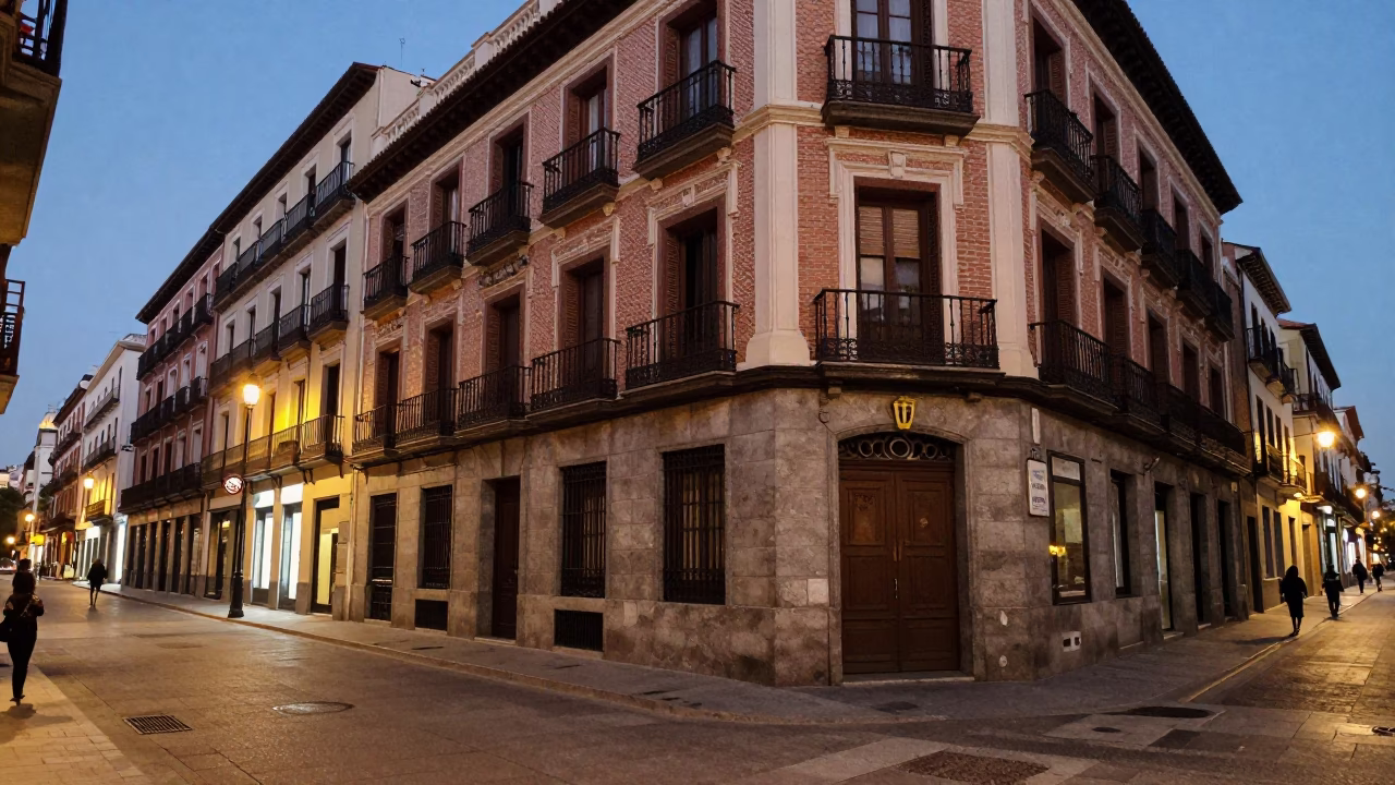 Twilight Street Scene in Madrid Spain with Vintage 1970s Details in in Madrid, Spain