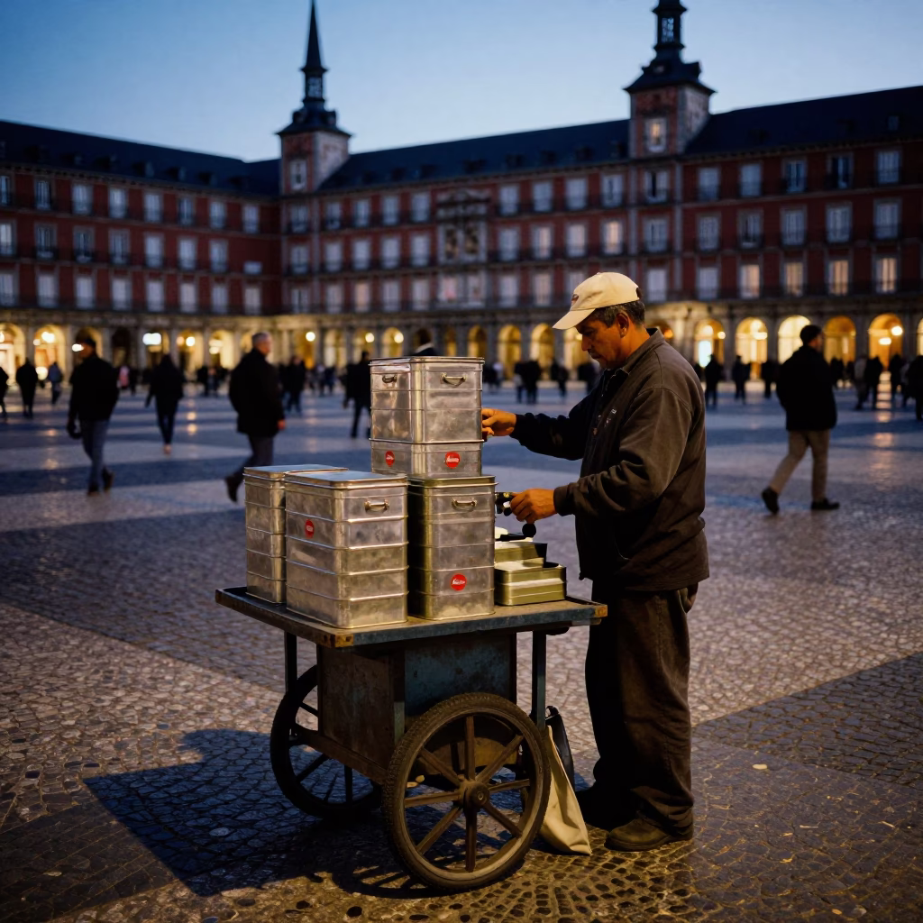 Twilight Street Scene in Madrid Spain with Vintage Tiffin Tin and Cutlery on Table in in Madrid, Spain