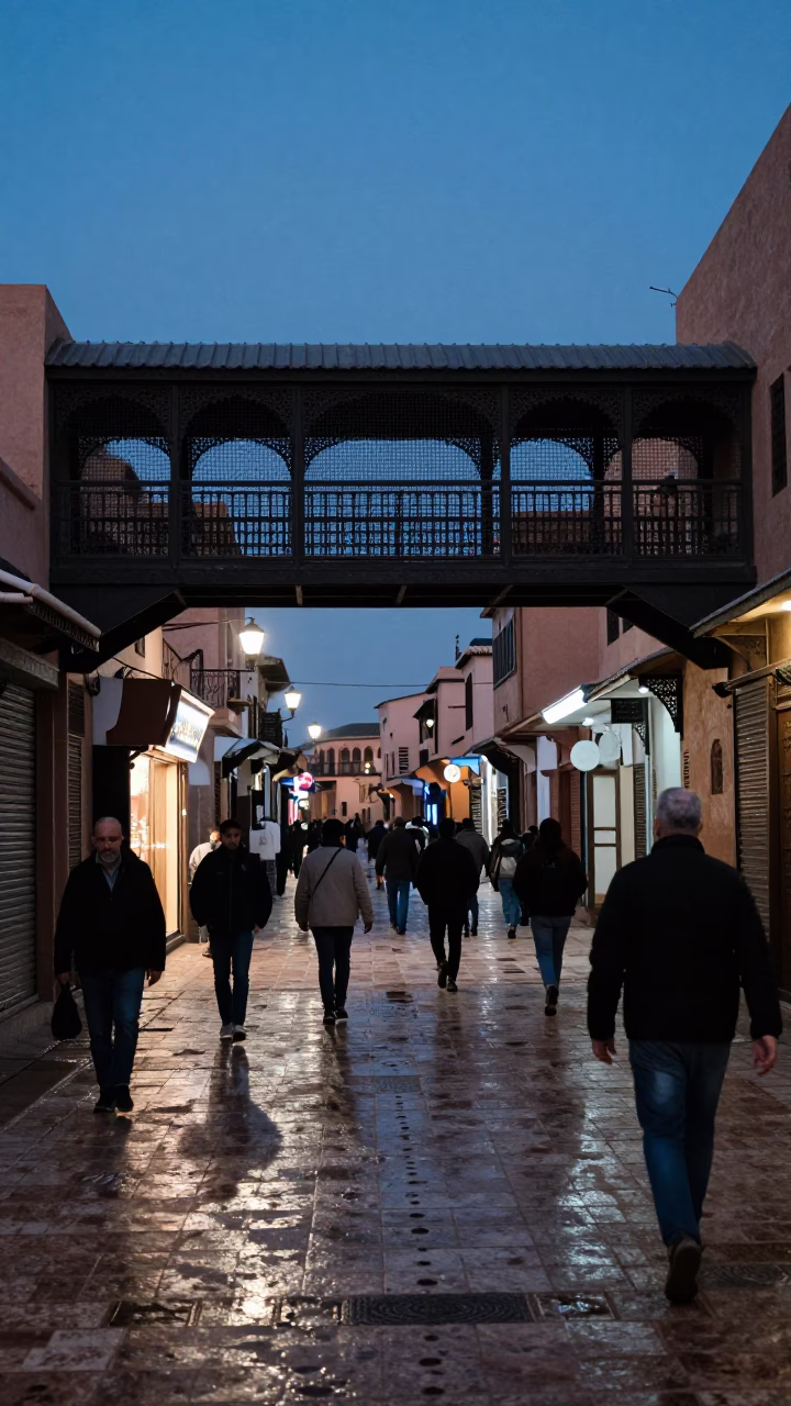 Twilight Street Scene in Marrakech Medina with Pedestrian Overpass and Wet Footsteps in in Marrakech, Morocco