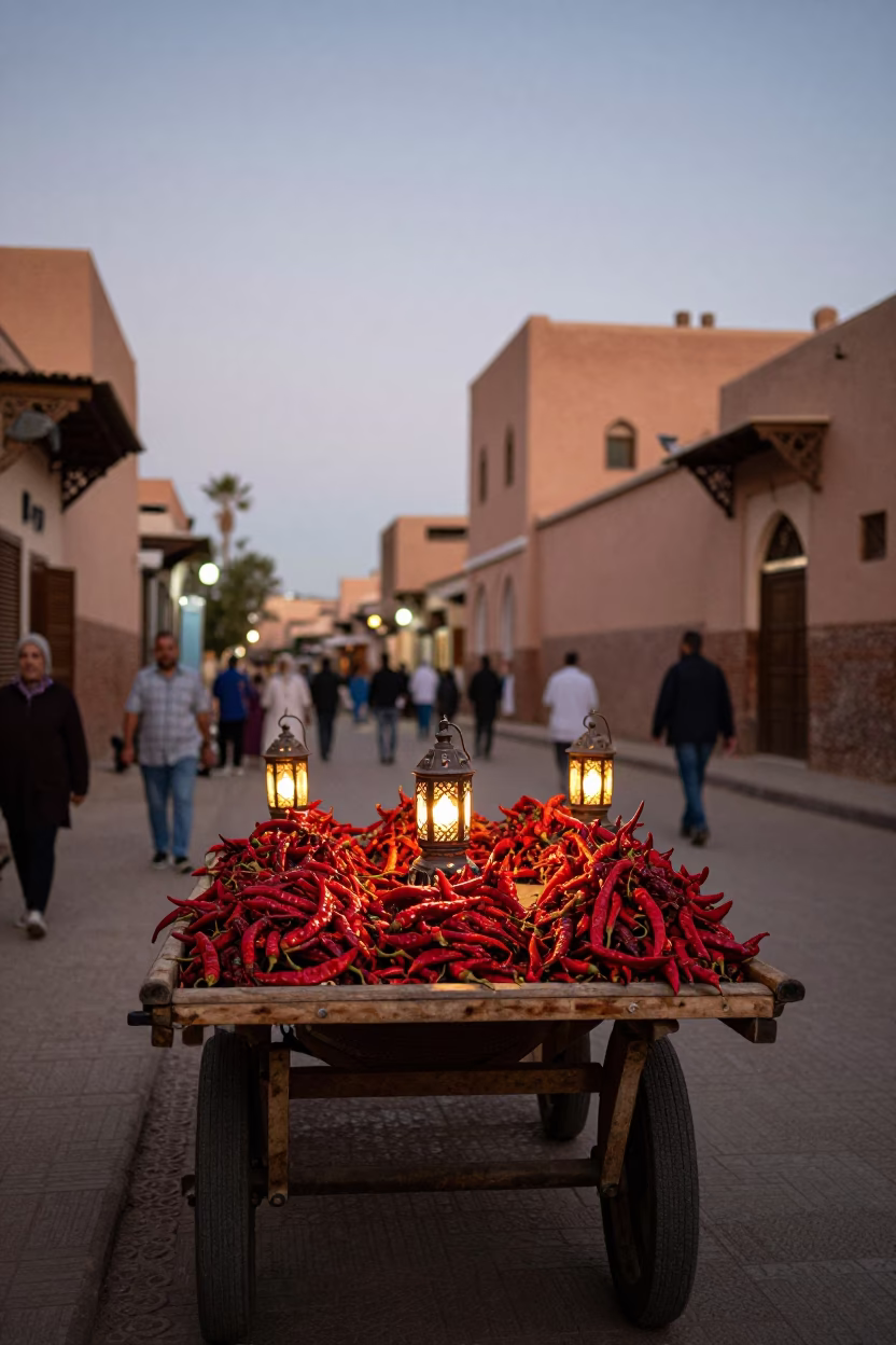 Twilight Street Scene in Marrakech Medina with Spicy Chili Peppers and Traditional Architecture in in Marrakech, Morocco