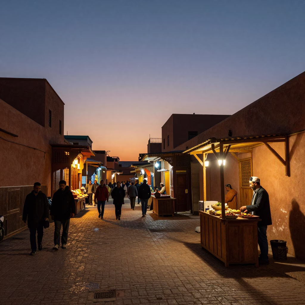 Twilight Street Scene in Marrakech Medina with Traditional Souk Activity and Local Commerce in in Marrakech, Morocco