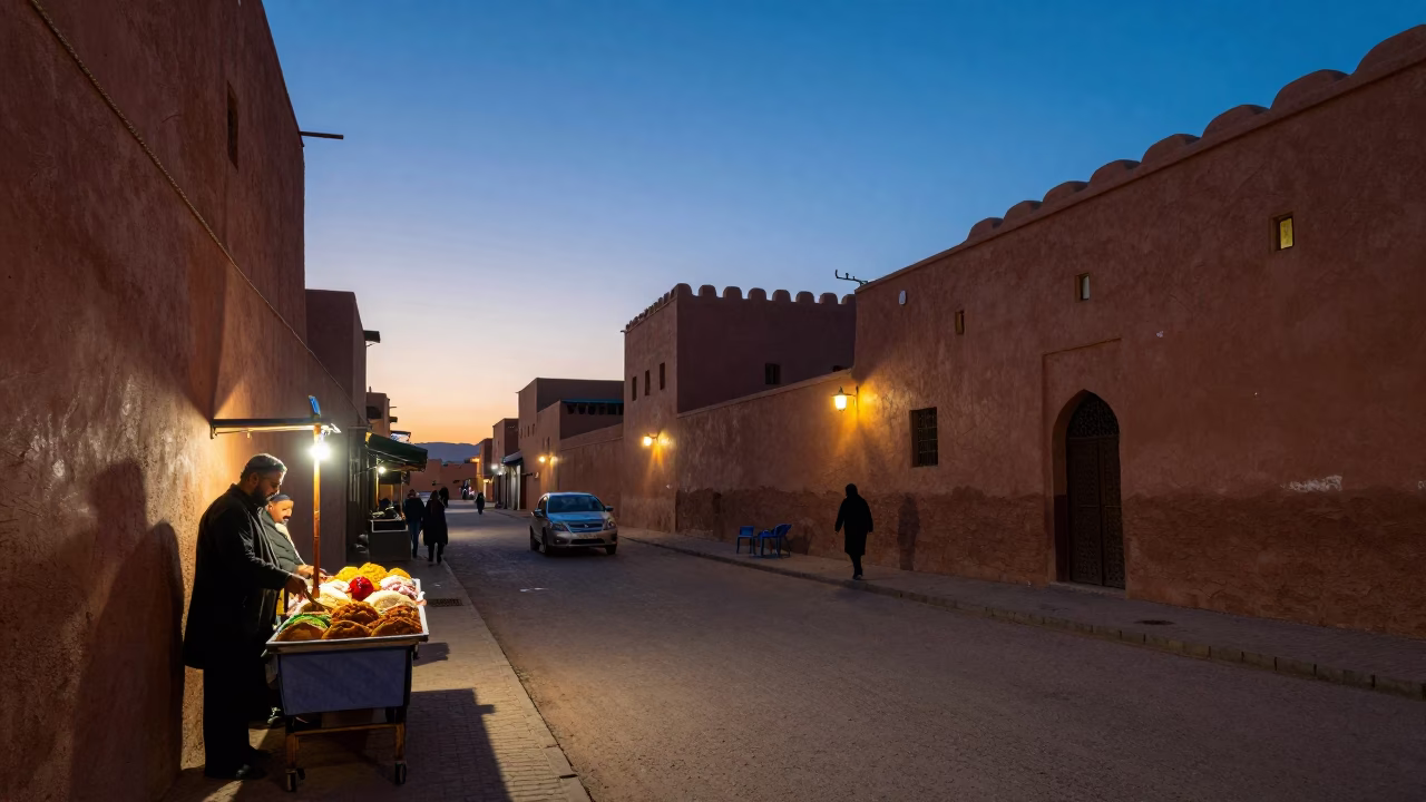 Twilight Street Scene in Marrakech Medina with Vendor Selling Koshari Plate in in Marrakech, Morocco