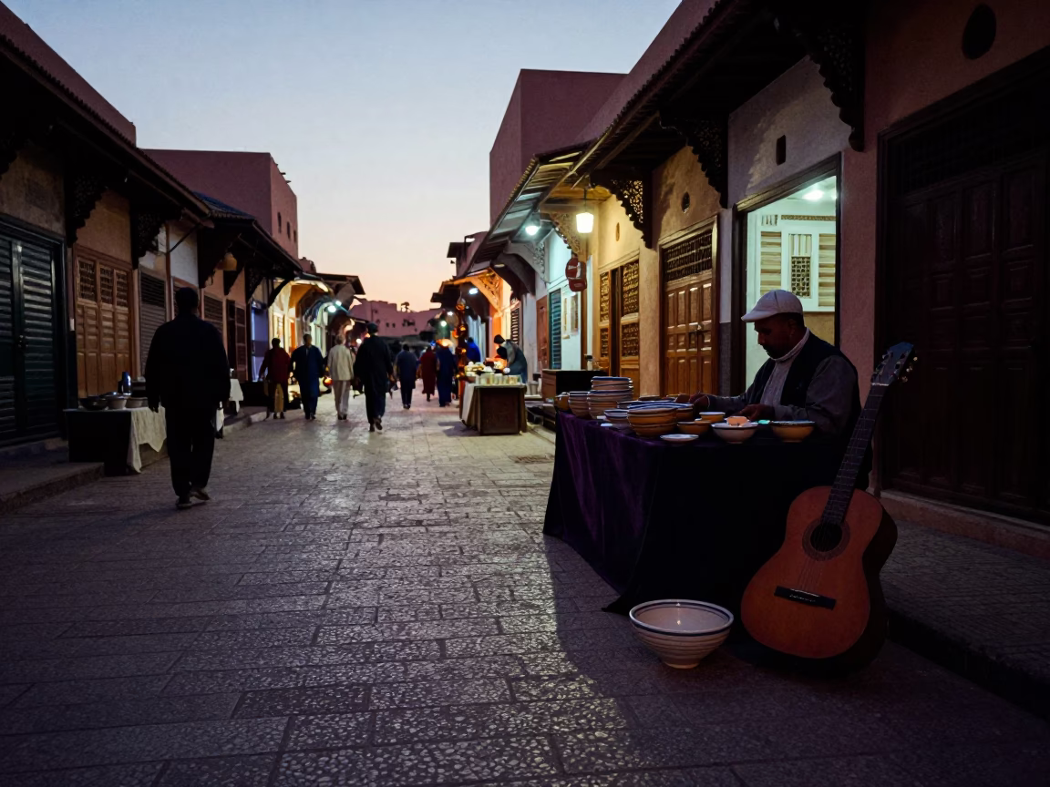 Twilight Street Scene in Marrakech Morocco with Ceramic Bowl and Guitar in in Marrakech, Morocco