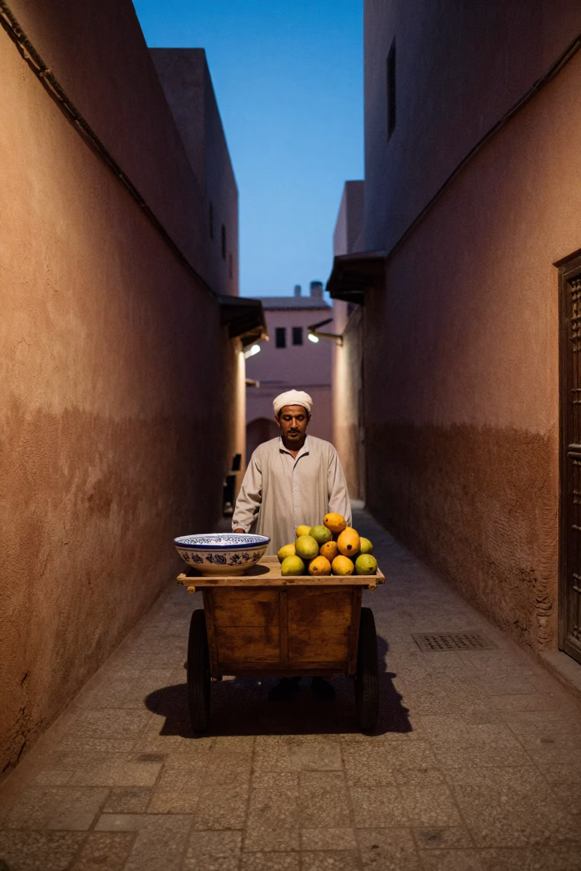 Twilight Street Scene in Marrakech Morocco with Ceramic Bowl and Mangoes in in Marrakech, Morocco
