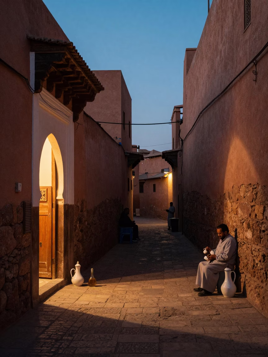 Twilight street scene in Marrakech Morocco with enamel pitcher and oil lamp in in Marrakech, Morocco