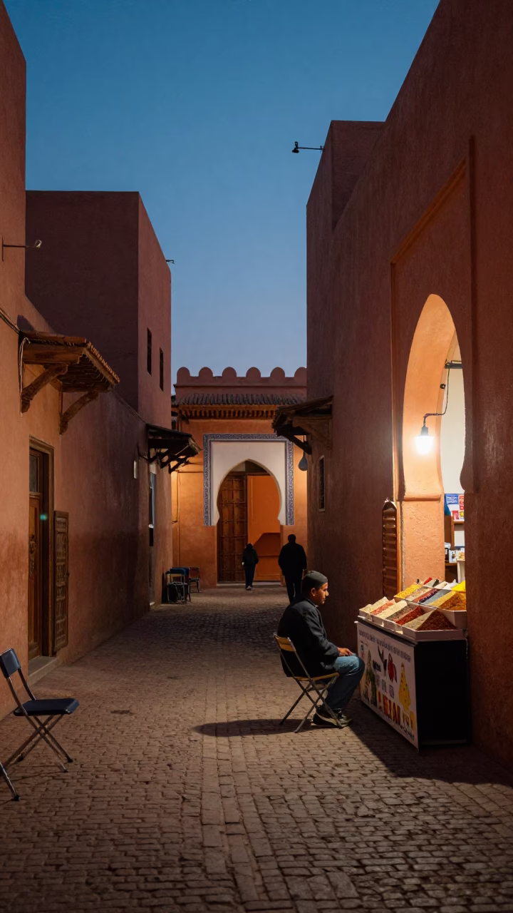 Twilight street scene in Marrakech Morocco with folding chair and local interaction in in Marrakech, Morocco