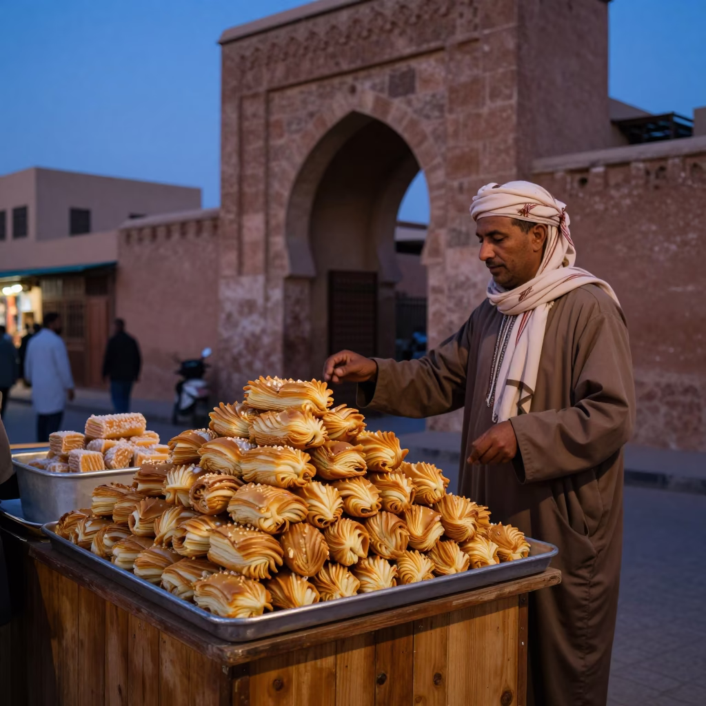 Twilight Street Scene in Marrakech Morocco with Golden Palmiers Sweets in in Marrakech, Morocco