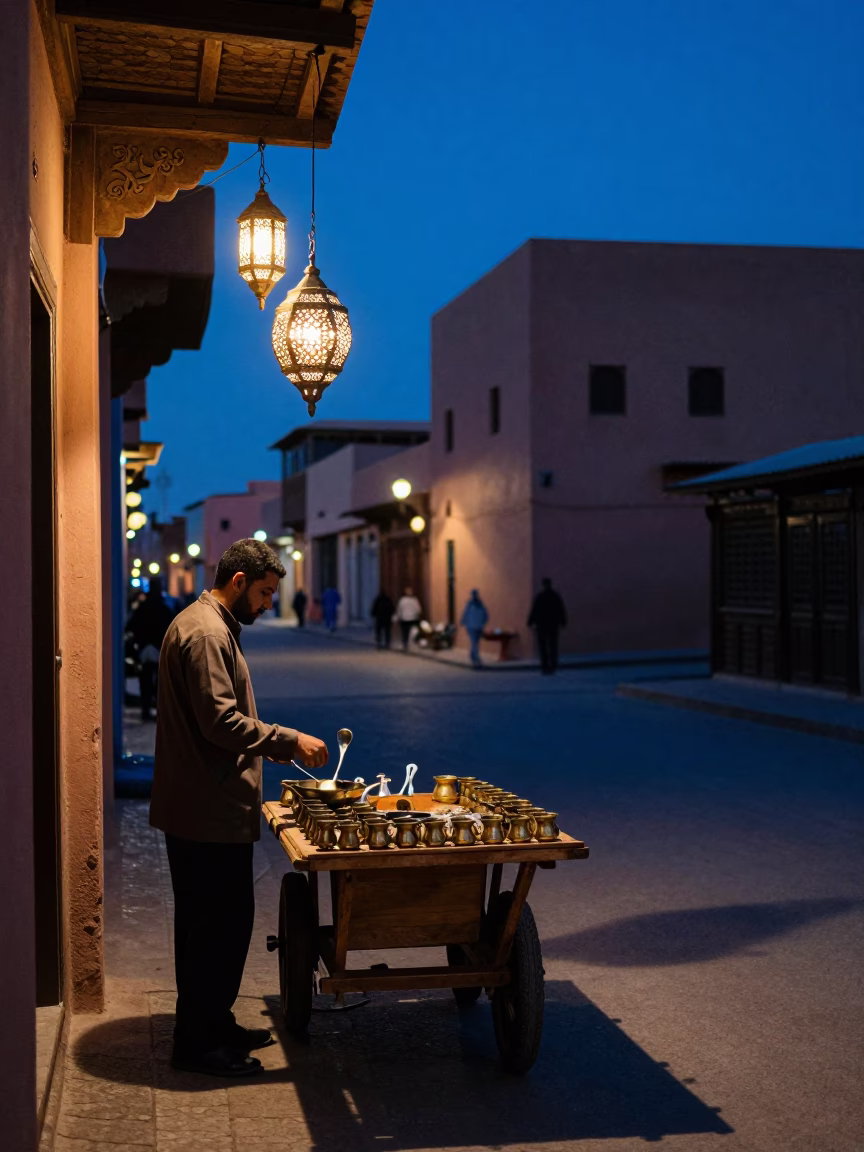 Twilight street scene in Marrakech Morocco with hanging lanterns and traditional architecture in in Marrakech, Morocco