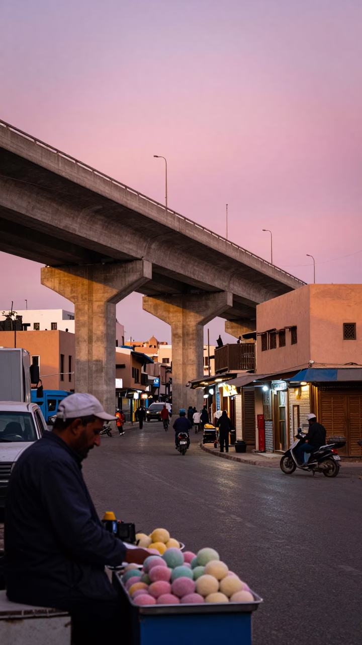 Twilight Street Scene in Marrakech Morocco with Highway Flyover and Local Life in in Marrakech, Morocco