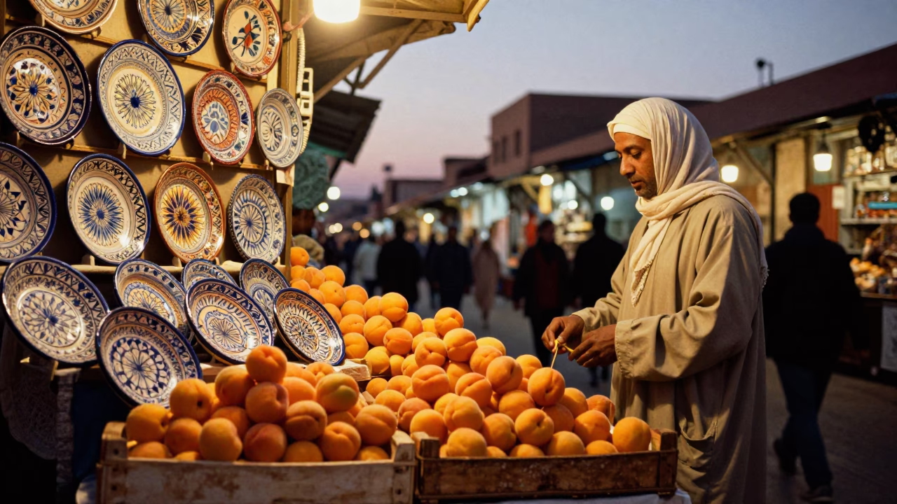 Twilight Street Scene in Marrakech Morocco with Majolica Plates and Apricots in in Marrakech, Morocco