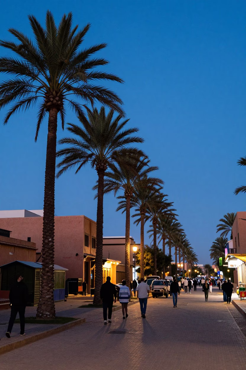 Twilight Street Scene in Marrakech Morocco with Palm Trees and Local Life in in Marrakech, Morocco