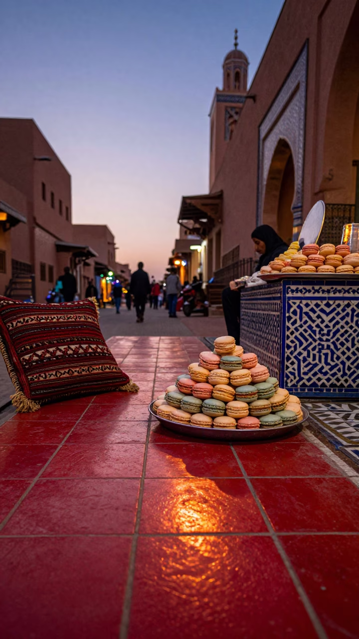 Twilight Street Scene in Marrakech Morocco with Pastel Macarons and Traditional Decor in in Marrakech, Morocco